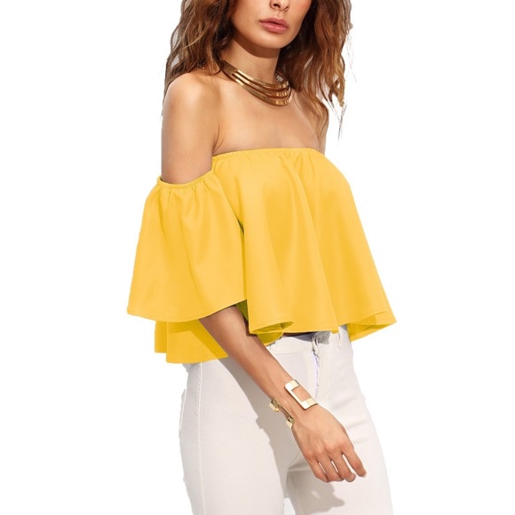 Ruffle Off Shoulder Bell Sleeve Crop Top Blouse - Picture 5 of 5
